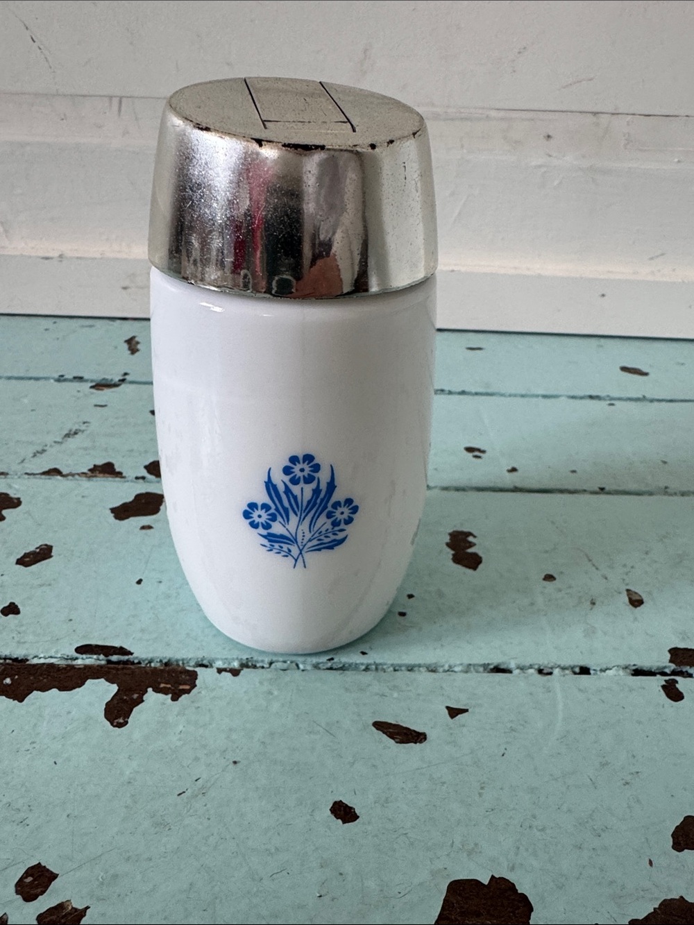Vintage Milk Glass Sugar dispenser Van Pam Dominion Glass Canada Blue Flowe